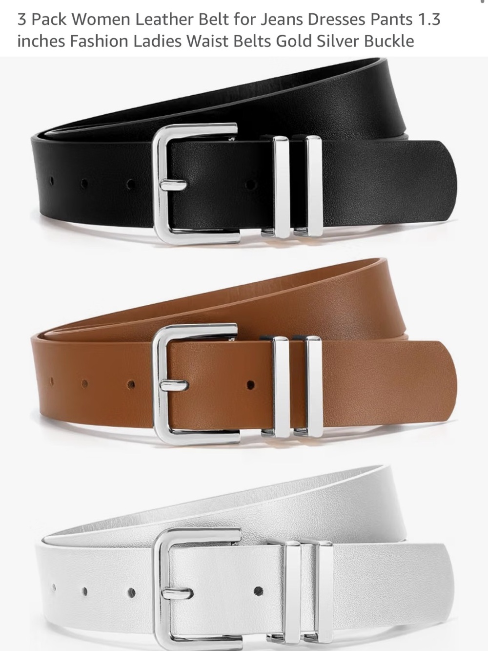 Classic Leather Women’s Belt 3-Pack - Black, Brown, Silver Medium